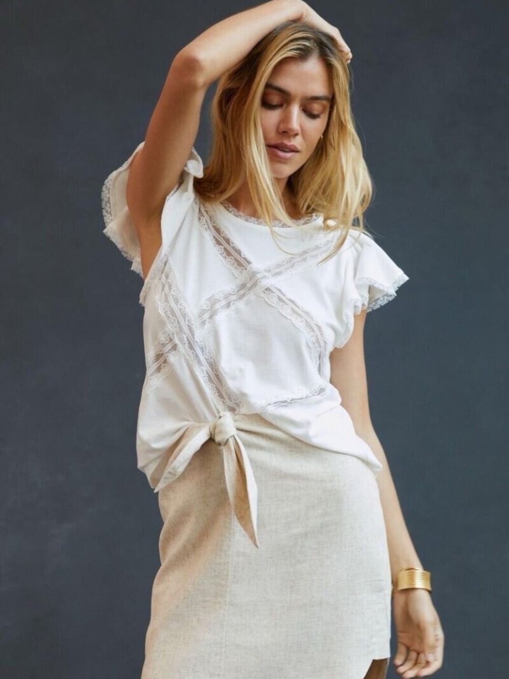 EUC  Anthropologie Spliced Lace Cotton Tee in White, Size XL